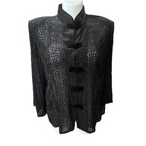 Vtg Silk Blend Burnout Velvet Asian Inspired Mock Neck Top Sz 2XL Toggle Closure